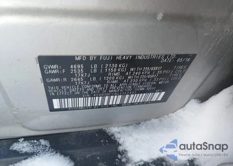 2016 Subaru Outback 2.5I Premium from USA, damaged, VIN 4S4BSBCC8G3352493